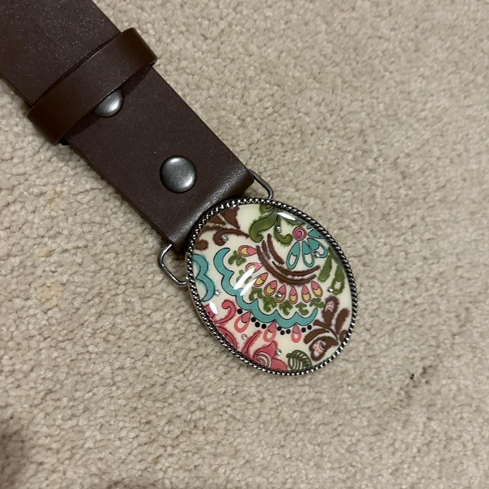 Brown Vegan Leather Belt with Colorful Buckle